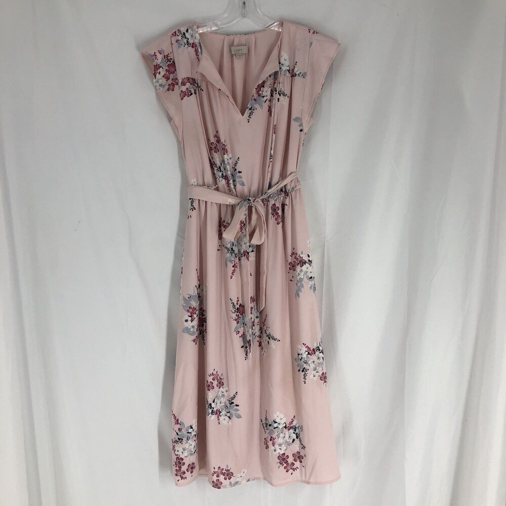 LOFT Pink Floral Tie Neck Belted Waist Rayon Dress Women’s Small